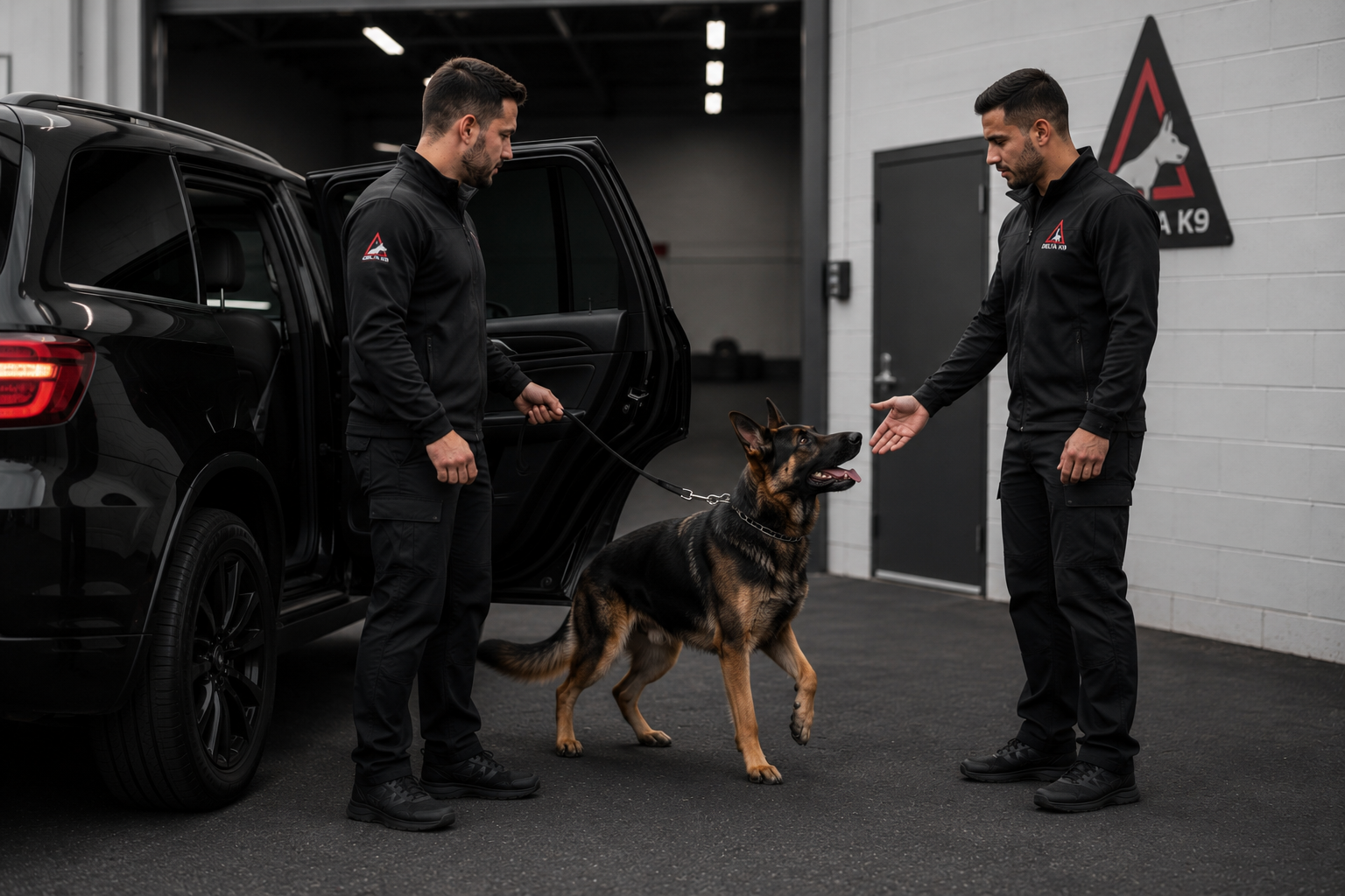 Delta K9 handler with working dog ready for transport