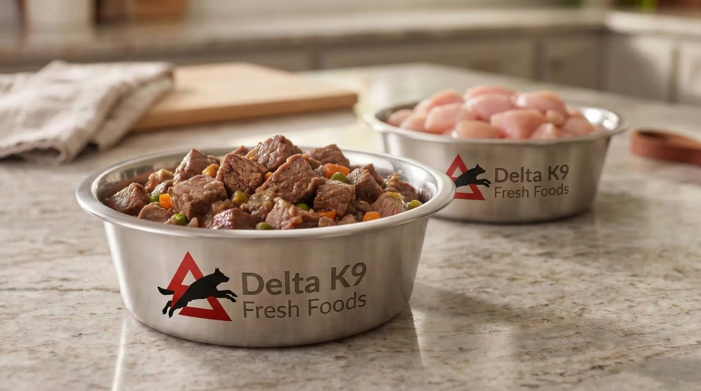 Fresh performance meal portioned for a working dog