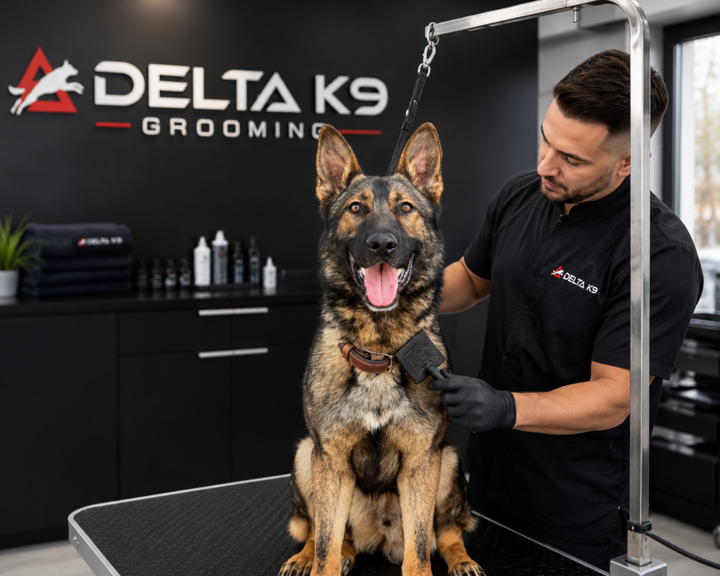 Working dog groomed and ready after a Delta K9 grooming session